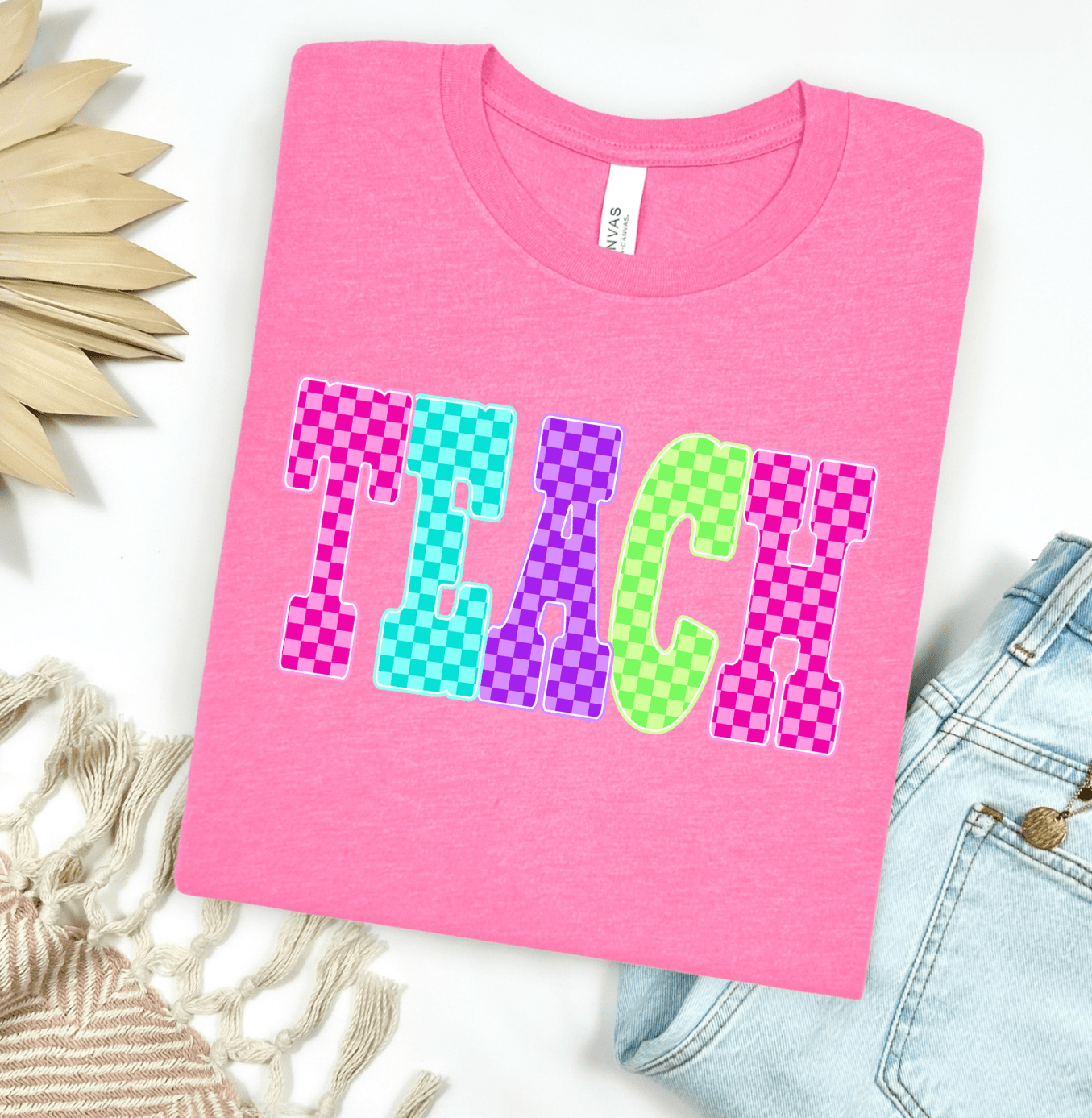 FestiviTees Women - Apparel - Shirts - T-Shirts TEACH Checkered Neon Graphic Tee