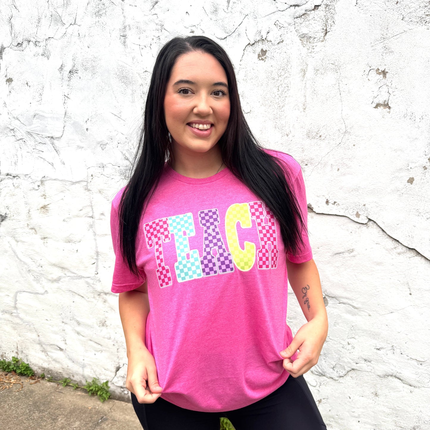 FestiviTees Women - Apparel - Shirts - T-Shirts TEACH Checkered Neon Graphic Tee