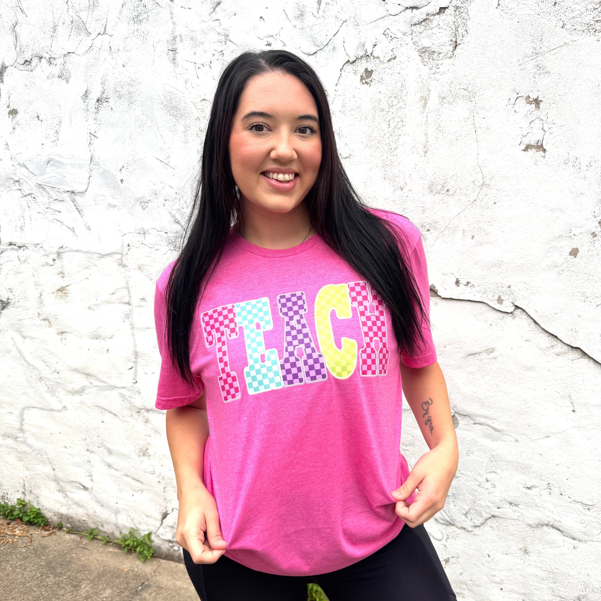 FestiviTees Women - Apparel - Shirts - T-Shirts TEACH Checkered Neon Graphic Tee