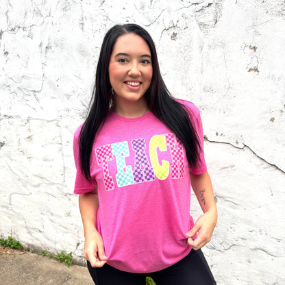 FestiviTees Women - Apparel - Shirts - T-Shirts TEACH Checkered Neon Graphic Tee