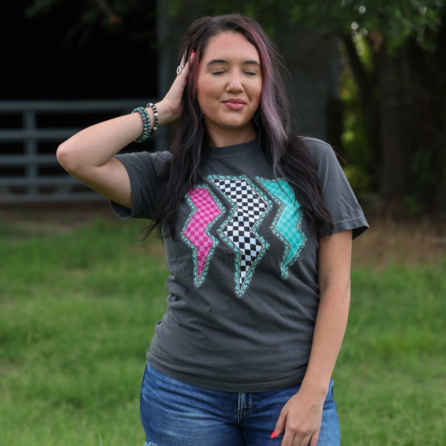 FestiviTees Women - Apparel - Shirts - T-Shirts Triple Lightning Bolt Turquoise Border Tee Soft Graphic Tee