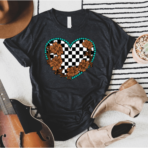 FestiviTees Women - Apparel - Shirts - T-Shirts Turquoise Checkered Heart with Flowers Graphic Tee