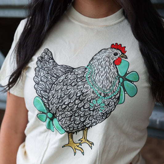 FestiviTees Women - Apparel - Shirts - T-Shirts Turquoise Chicken with Flowers Soft Graphic Tee