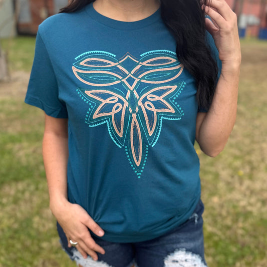 FestiviTees Women - Apparel - Shirts - T-Shirts Turquoise + Leather Boot Stitch Graphic Tee
