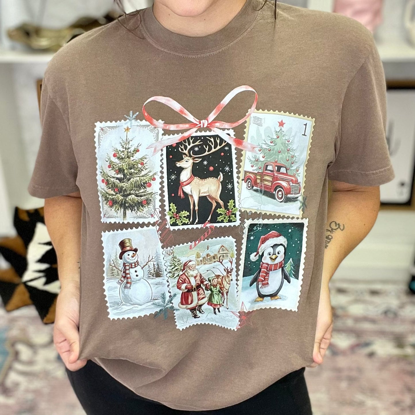 FestiviTees Women - Apparel - Shirts - T-Shirts Vintage Christmas Stamps Graphic Tee