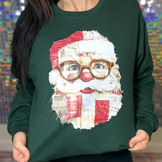 FestiviTees Women - Apparel - Shirts - T-Shirts Vintage Fabric Patch Santa Graphic Crewneck