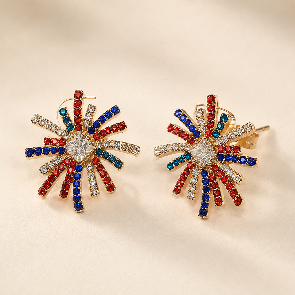 Red white and blue rhinestone firework statement stud earrings, product view