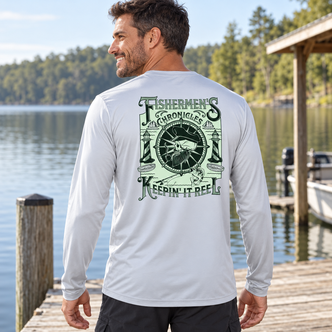 Man wearing Fisherman Platinum Performance Dri-Fit long-sleeve fishing shirt