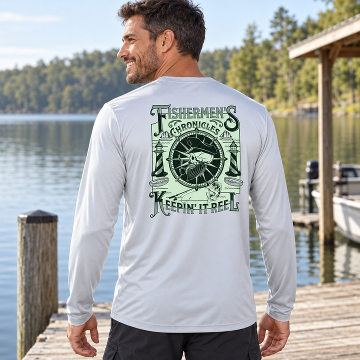 Man wearing Fisherman Platinum Performance Dri-Fit long-sleeve fishing shirt