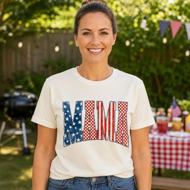 Woman wearing the American Flag Lace MAMA ivory patriotic graphic tee at a family cookout
