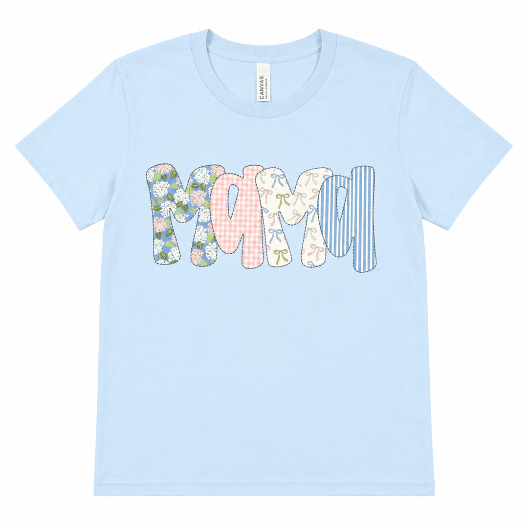 Floral and Bows Mama powder blue graphic tee lay-flat on white