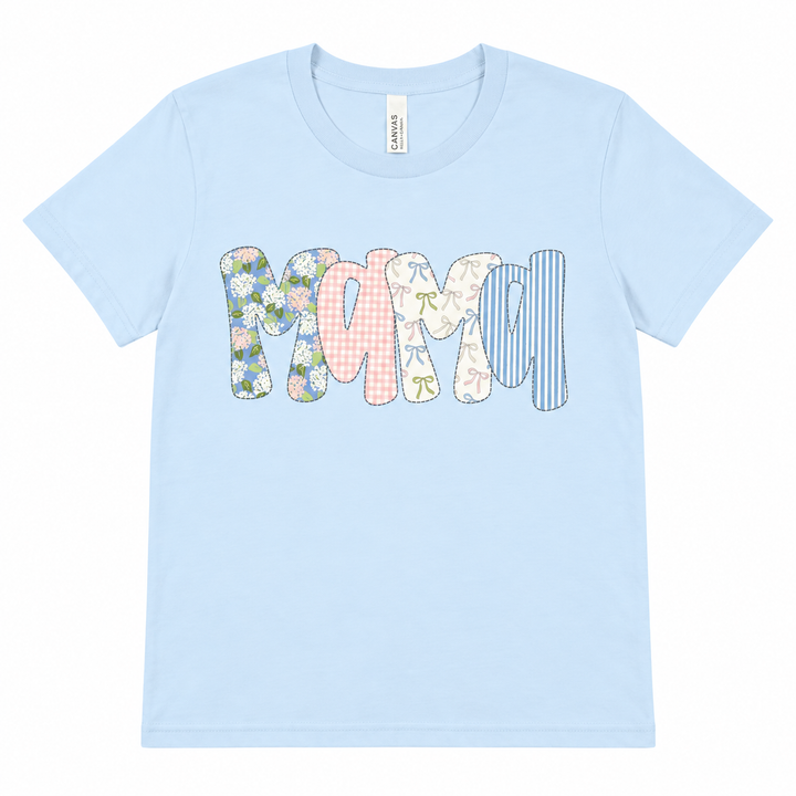 Floral and Bows Mama powder blue graphic tee lay-flat on white
