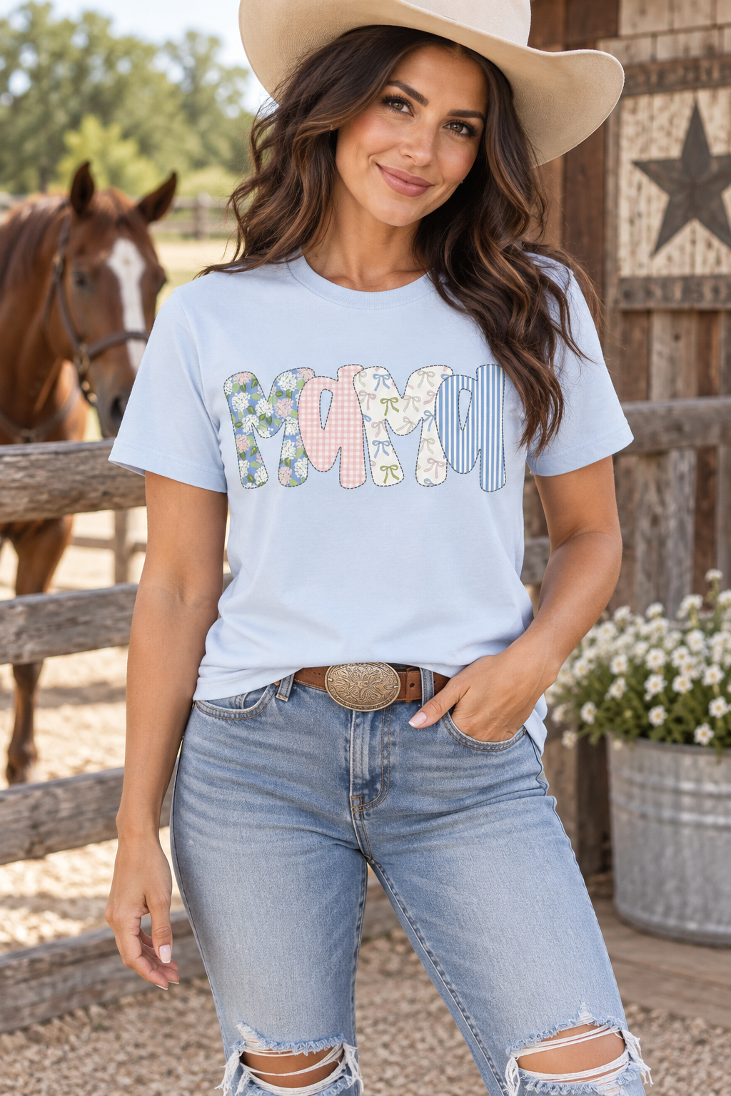 Floral and Bows Mama powder blue tee close Western lifestyle