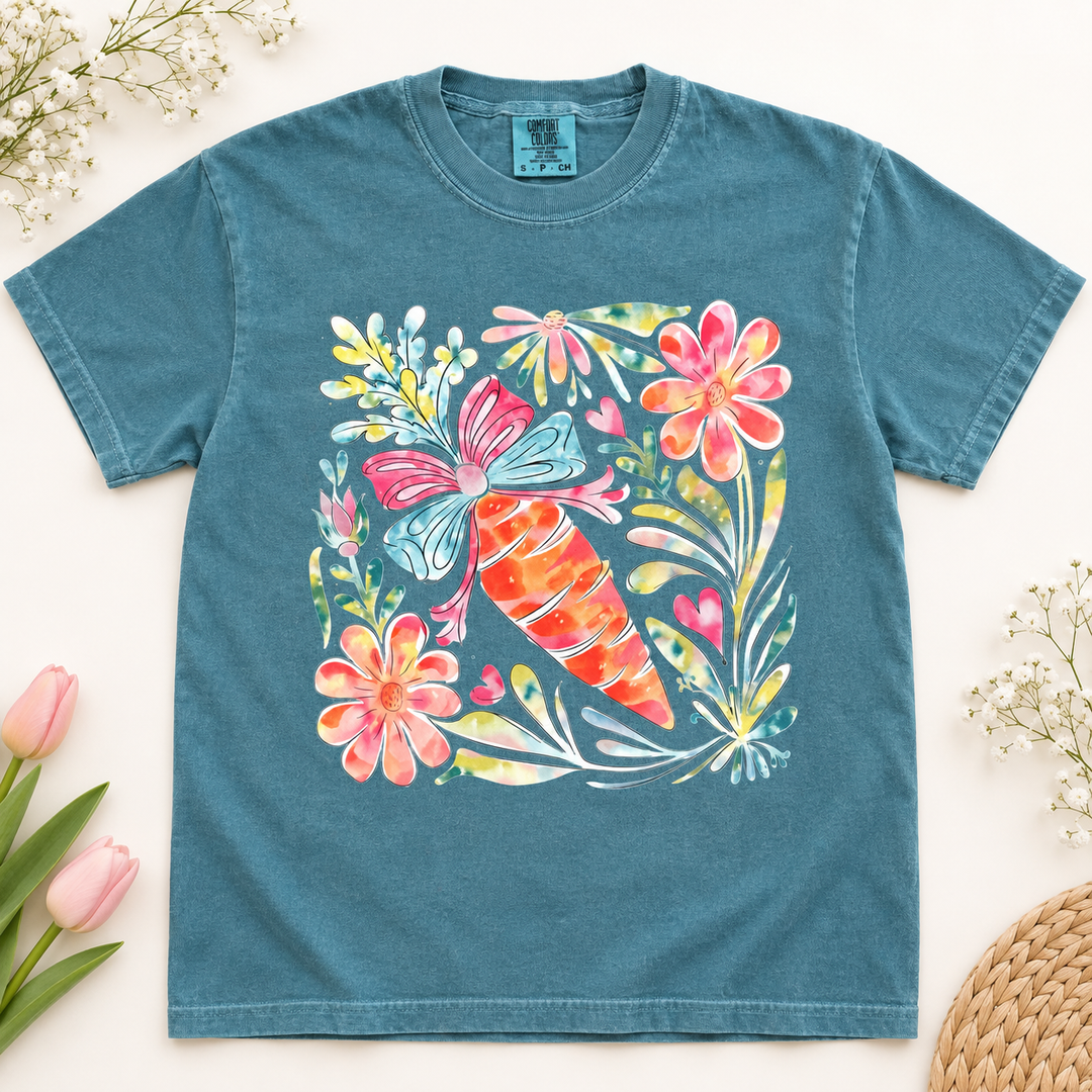 Floral Carrot Bow Blue Spruce Easter graphic T-shirt flat product view