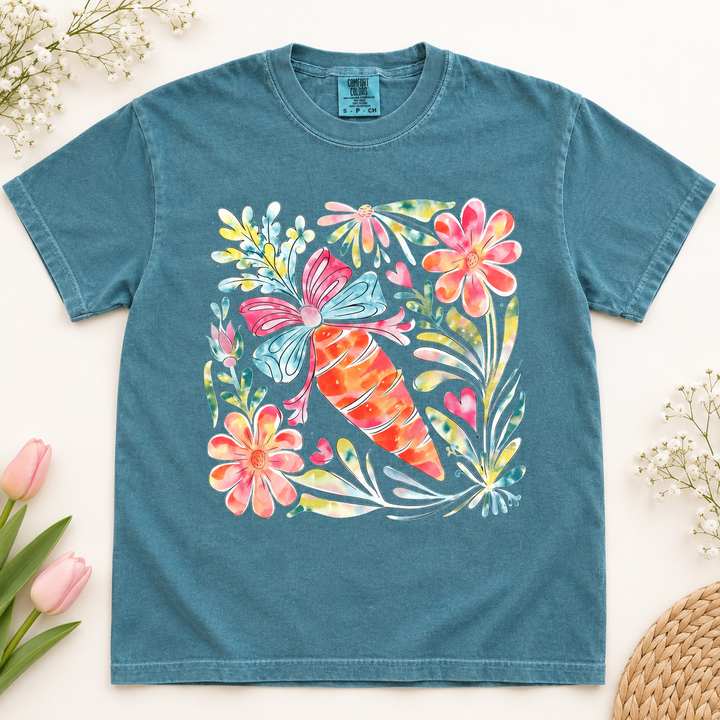 Floral Carrot Bow Blue Spruce Easter graphic T-shirt flat product view