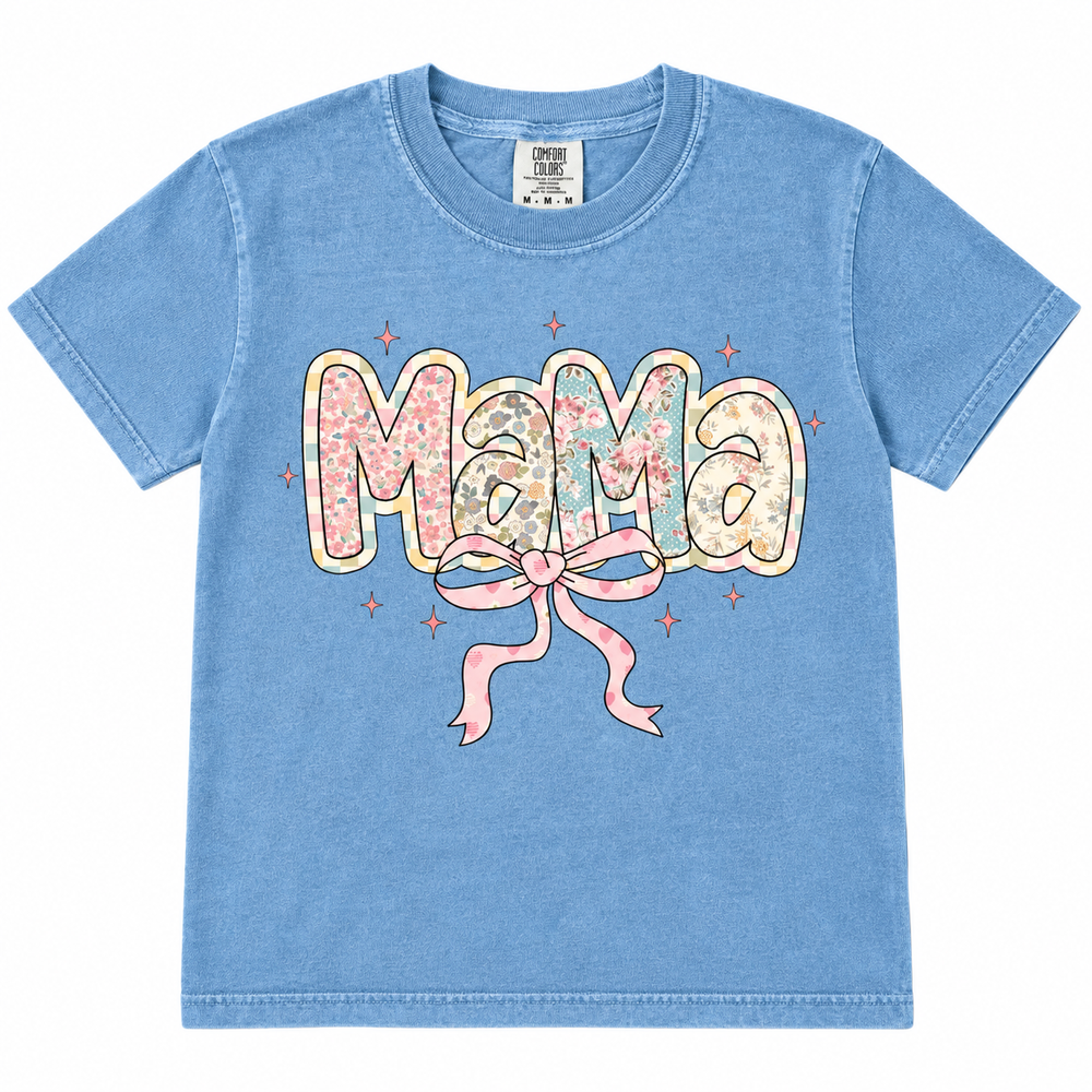 Floral and Checkered Mama faded blue graphic tee lay-flat on white