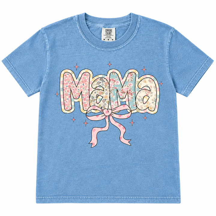 Floral and Checkered Mama faded blue graphic tee lay-flat on white