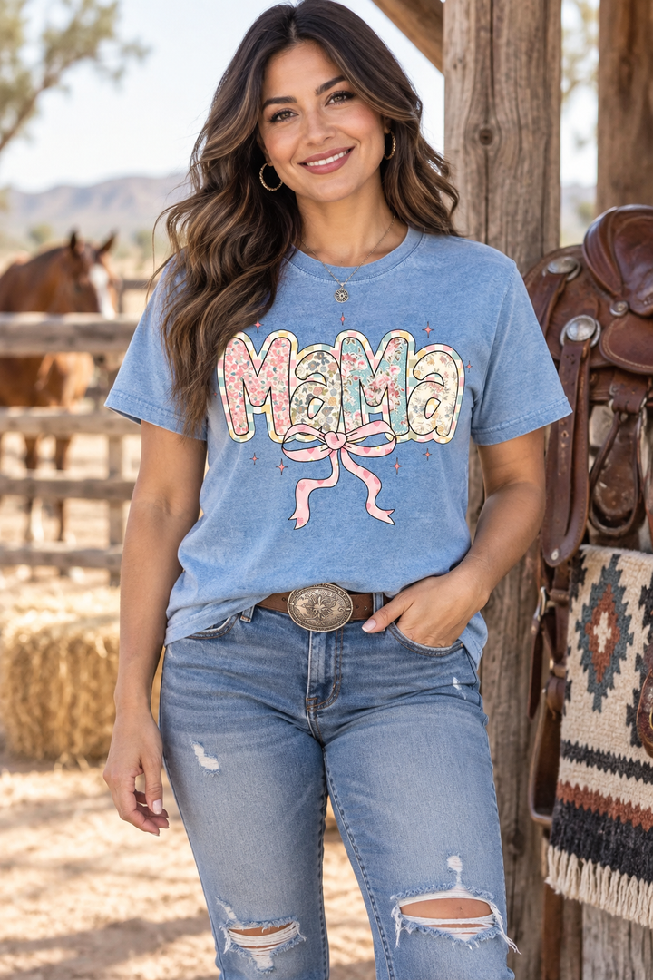 Floral and Checkered Mama faded blue tee close Western lifestyle