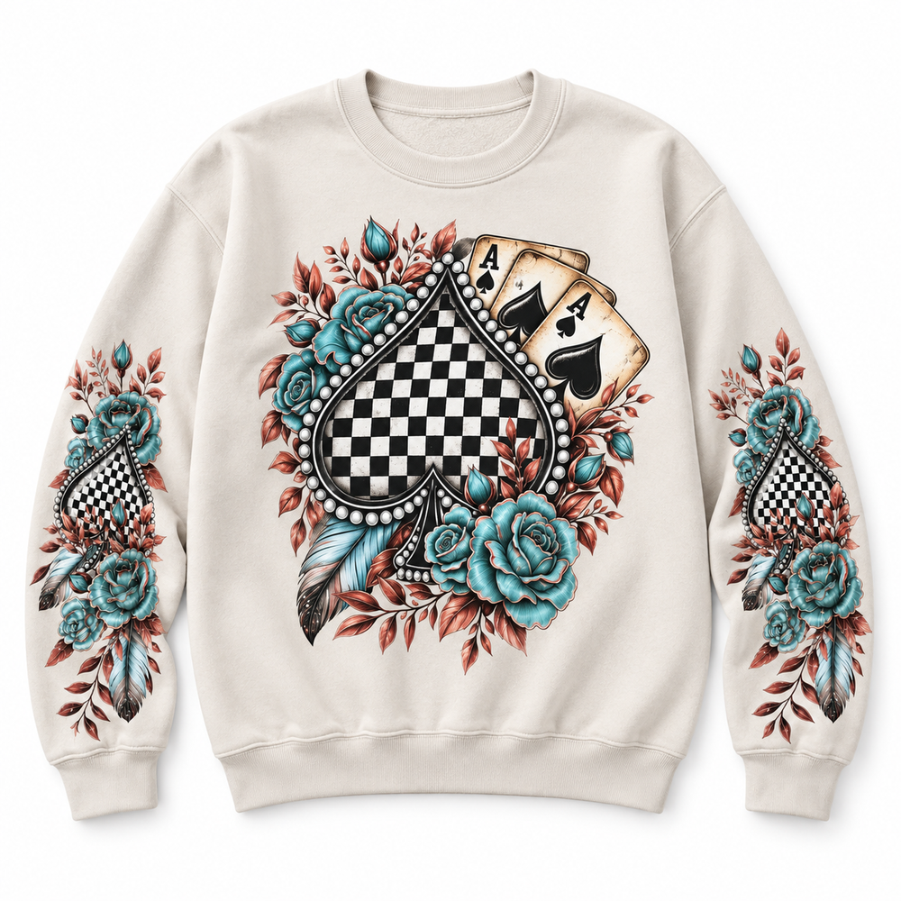 Floral Checkered Spade crewneck lay-flat on white