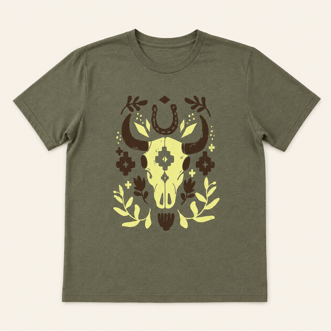 Military green Floral Cow Skull graphic tee with chartreuse and brown Western design, flat product view