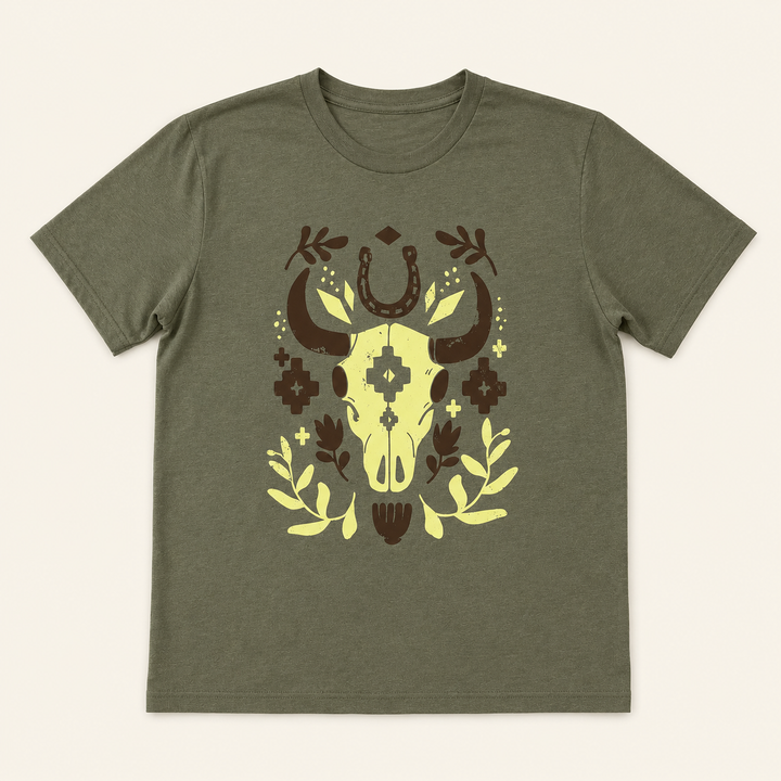 Military green Floral Cow Skull graphic tee with chartreuse and brown Western design, flat product view