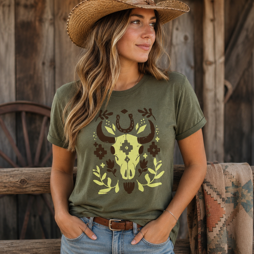 Woman wearing the military green Floral Cow Skull Western graphic tee