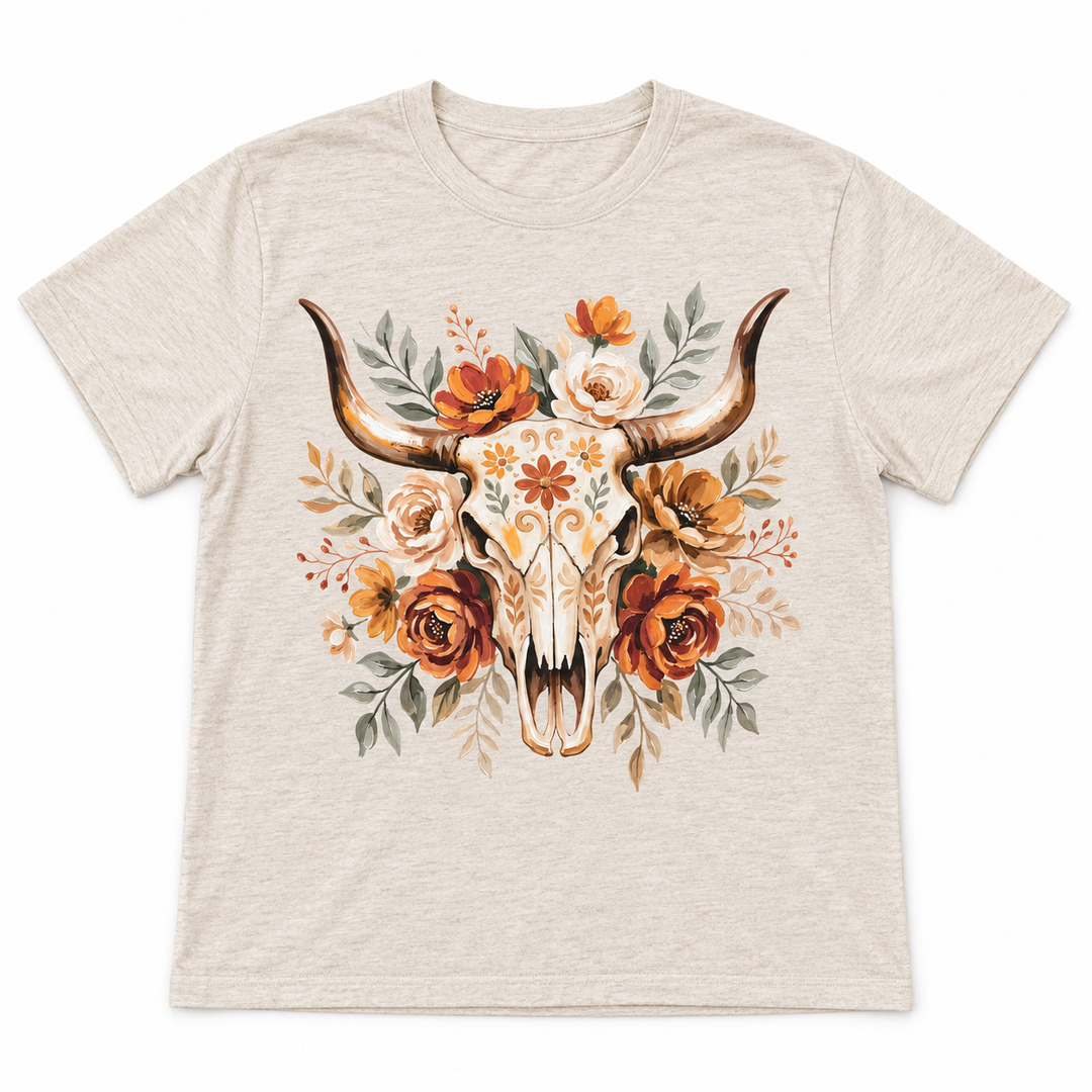 Floral Fall Bull Skull graphic tee on a clean white background