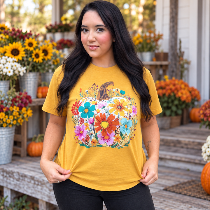 Floral Fall Pumpkin ginger graphic tee close model view