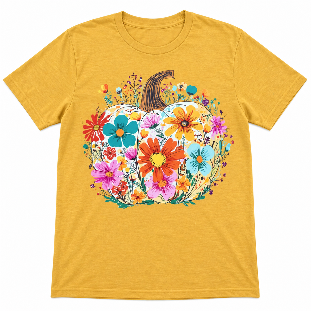 Floral Fall Pumpkin ginger graphic tee complete lay-flat on white