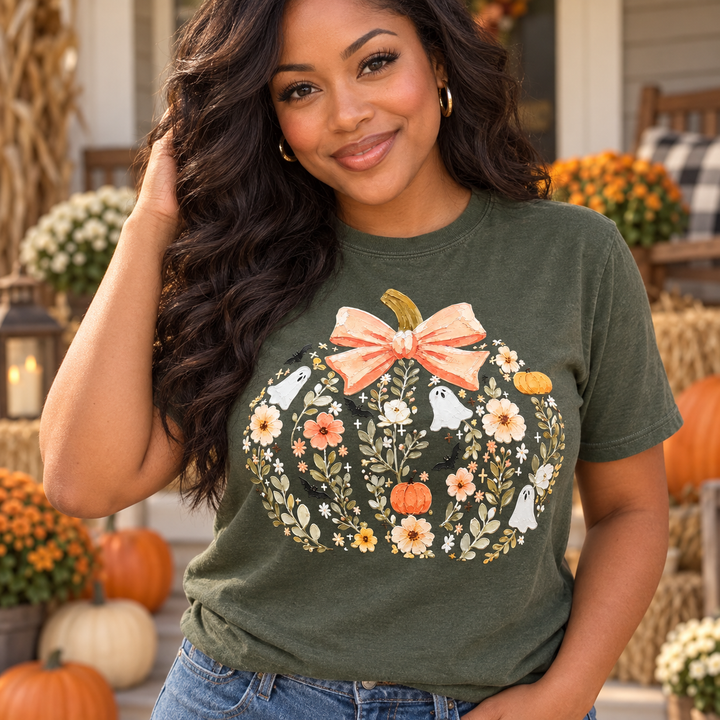 Floral Ghost Pumpkin olive graphic tee close model view