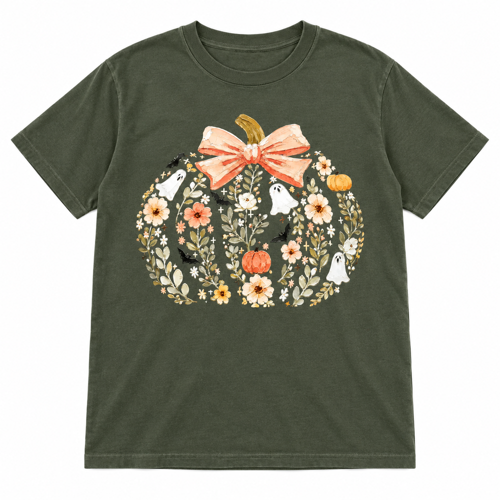 Floral Ghost Pumpkin olive graphic tee complete lay-flat on white