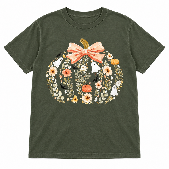 Floral Ghost Pumpkin olive graphic tee complete lay-flat on white