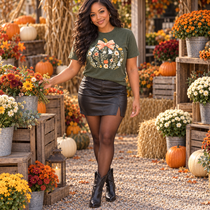 Woman wearing Floral Ghost Pumpkin olive graphic tee at a country flower stand