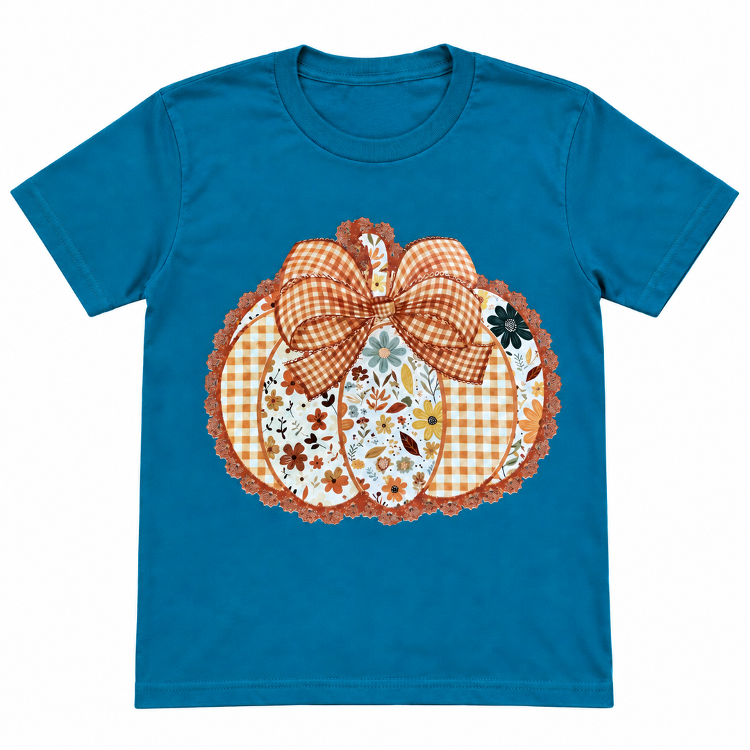 Floral plaid pumpkin teal graphic tee complete flat product view on pure white