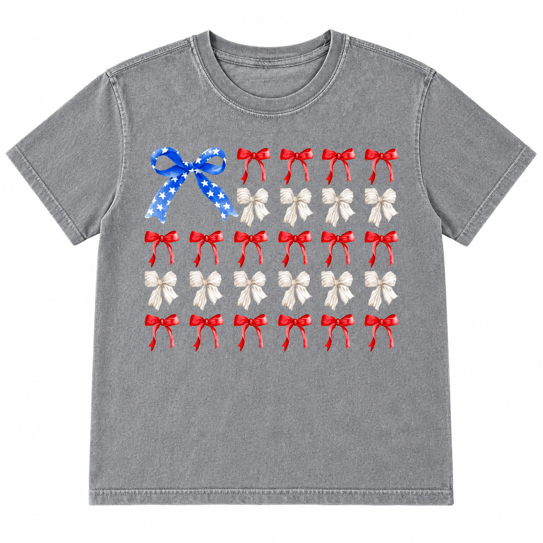 Fourth of July Patriotic Bows Graphic Tee lay-flat on white background
