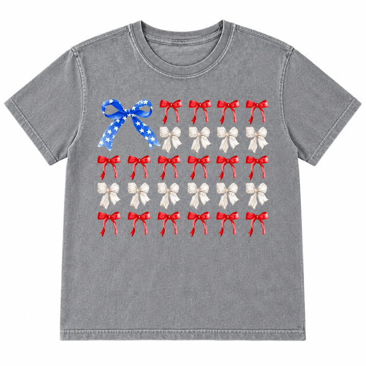 Fourth of July Patriotic Bows Graphic Tee lay-flat on white background