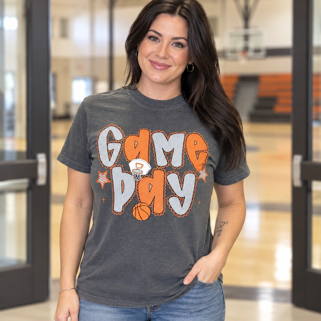 Game Day Basketball Pepper graphic tee modeled in a complete front view