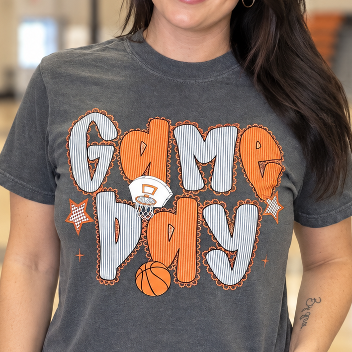 Game Day Basketball Pepper graphic tee modeled in a complete front view