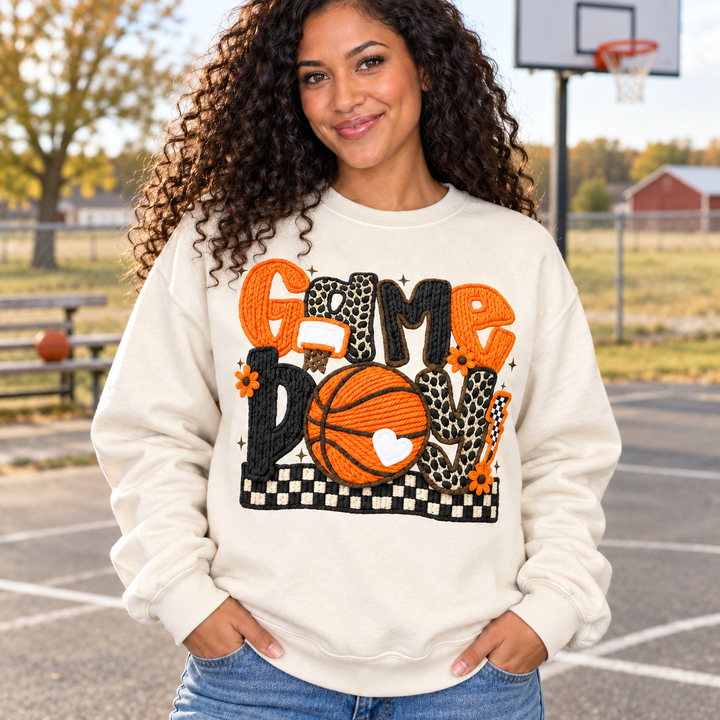 Game Day Basketball sand crewneck close model view at a small-town basketball court