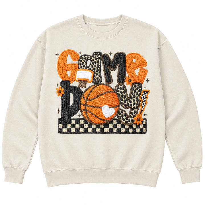 Game Day Basketball sand crewneck lay-flat on white