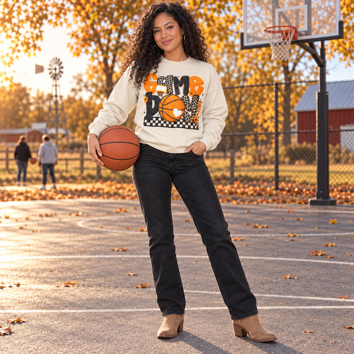 Game Day Basketball sand crewneck full-body small-town court lifestyle