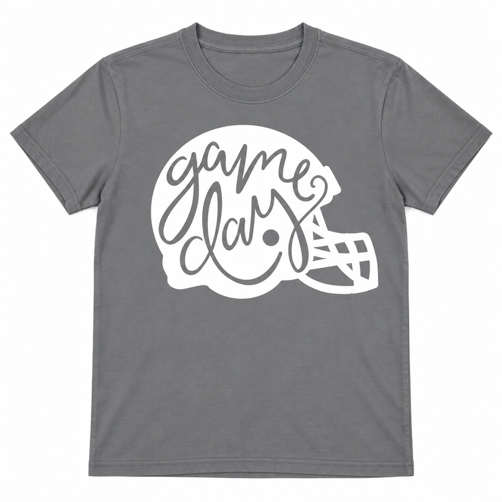Game Day Helmet gravel football graphic tee flat lay on white