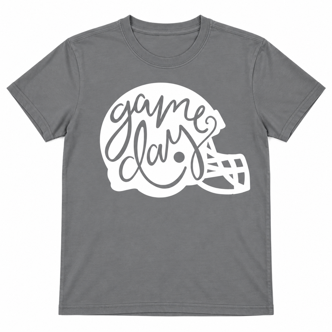 Game Day Helmet gravel football graphic tee flat lay on white