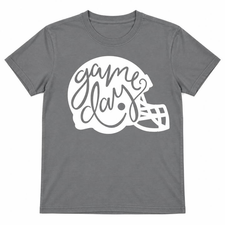 Game Day Helmet gravel football graphic tee flat lay on white