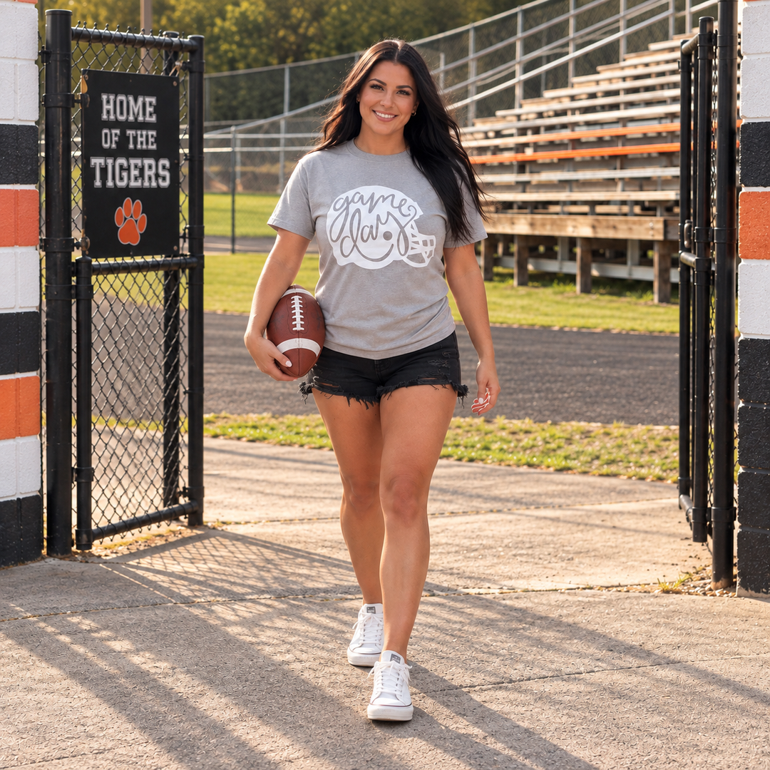 Game Day Helmet gravel football tee full-body stadium lifestyle