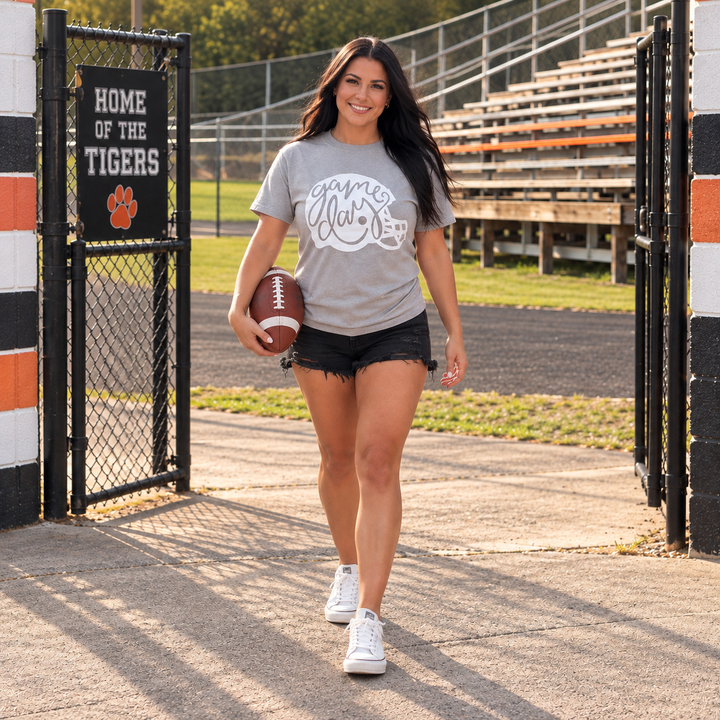 Game Day Helmet gravel football tee full-body stadium lifestyle