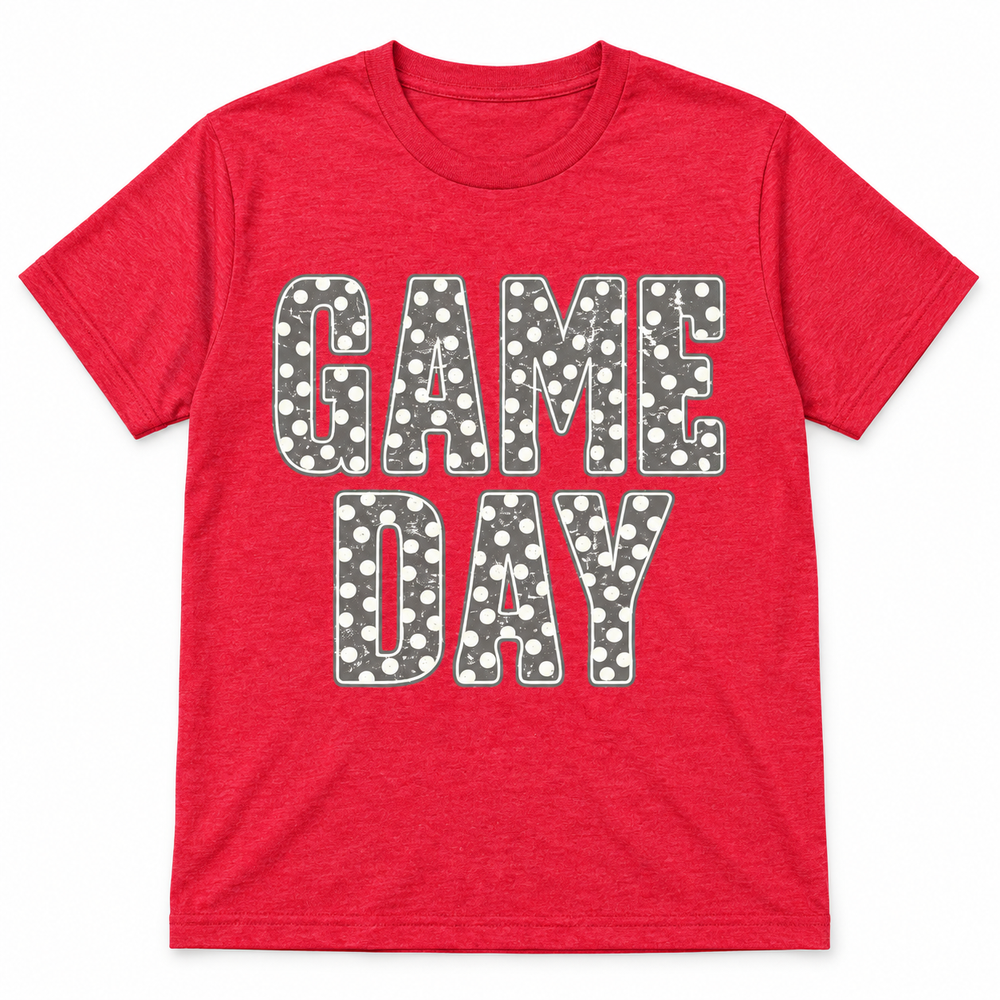 Game Day polka dot graphic tee lay-flat on white