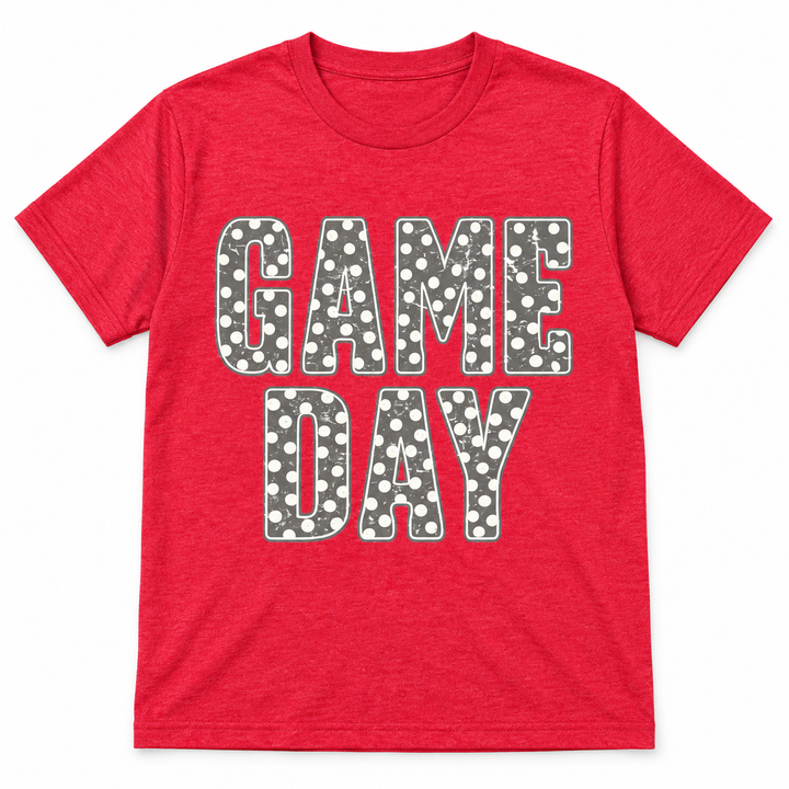 Game Day polka dot graphic tee lay-flat on white