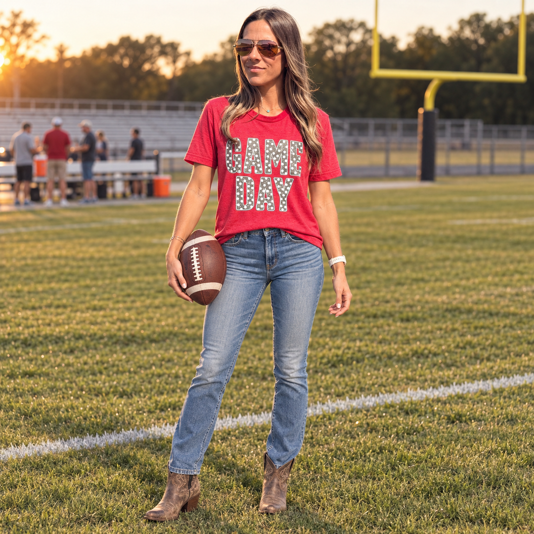 Game Day polka dot graphic tee full-body football field lifestyle