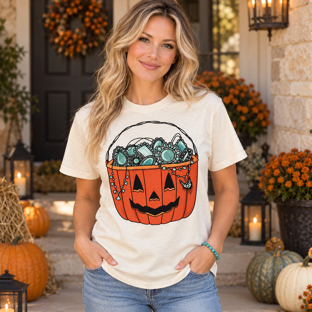 Woman modeling Gemstone Jack-O’-Lantern Ivory Halloween Tee, complete front view